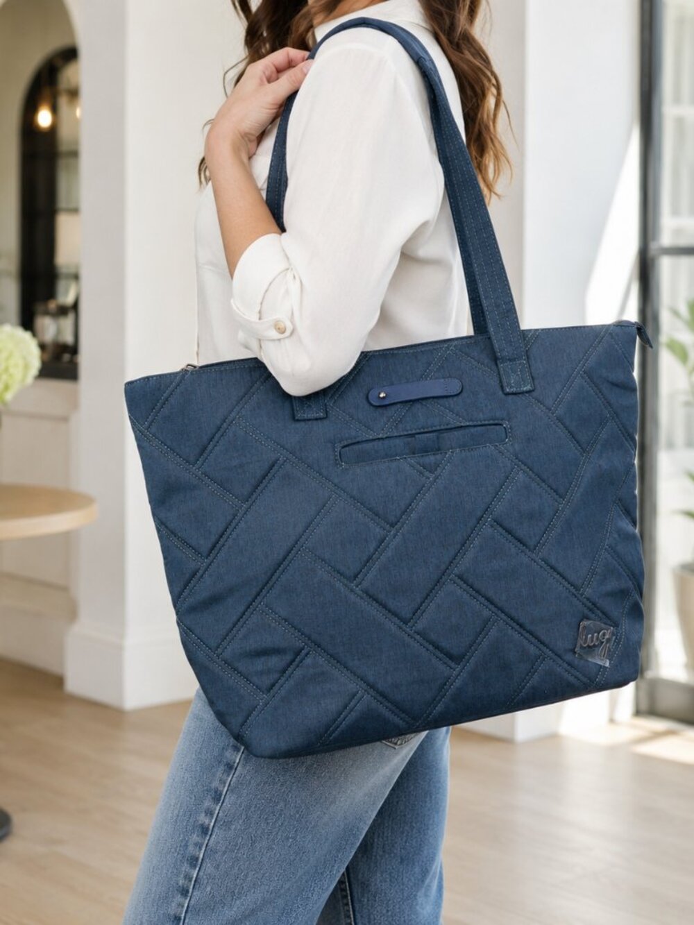 NEW ❤️ Lug Skyliner Heather Indigo Tote Navy Blue Denim RFID